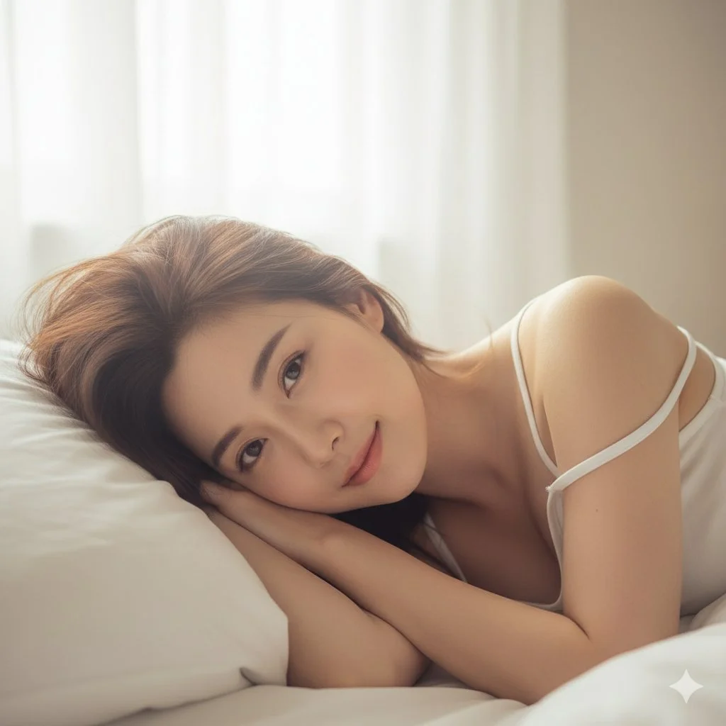 ChatGPT Image Prompt - Sleepy girl on white pillows morning portrait
