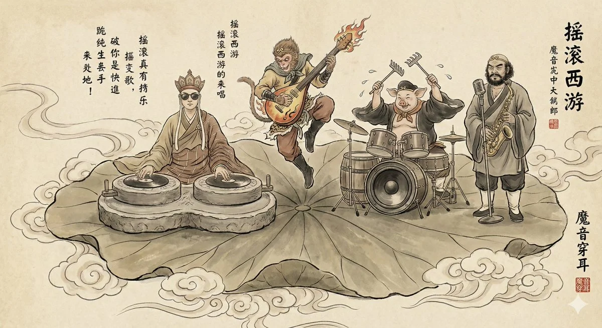 ChatGPT Image Prompt - Journey to the West characters rock band Chinese ink